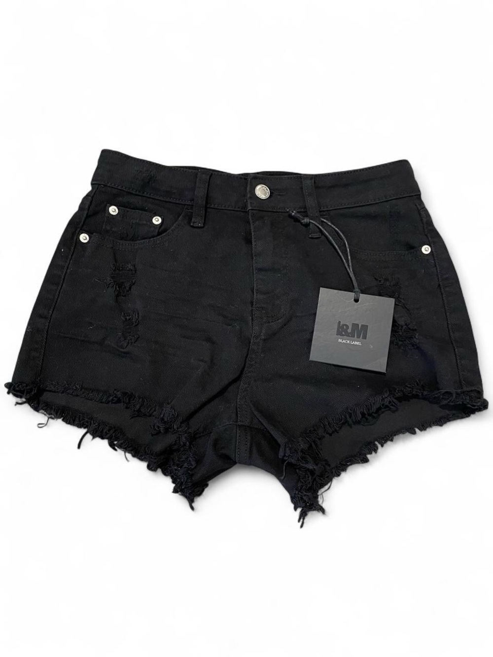 High-Rise Black Frayed Hem Denim Shorts